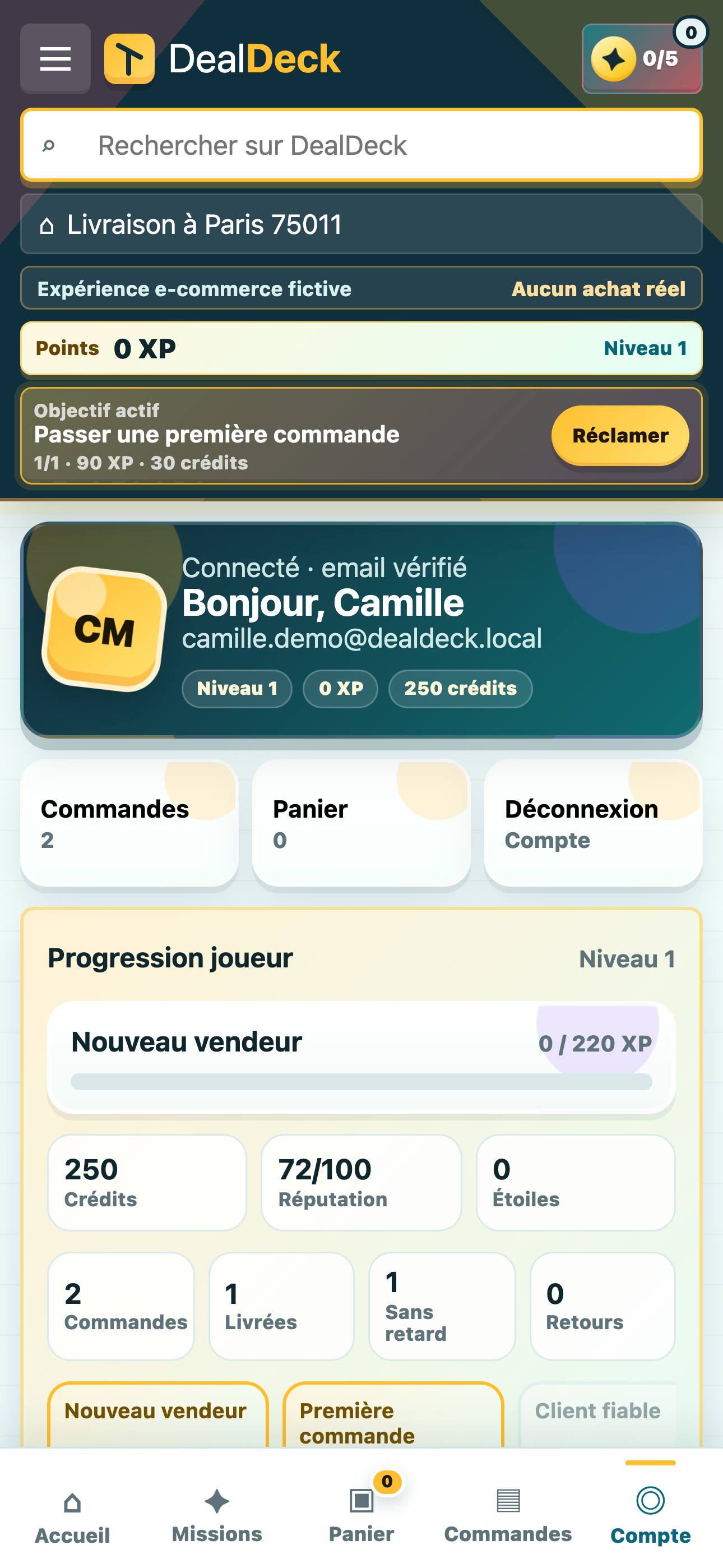 Compte joueur avec progression